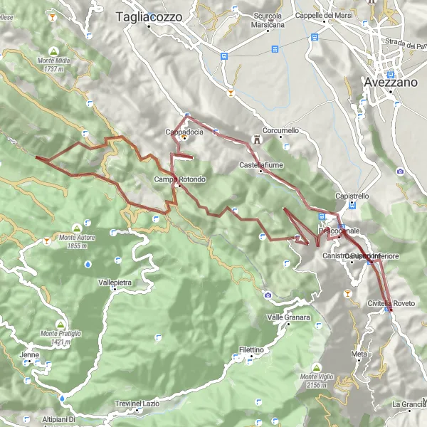 Miniature de la carte de l'inspiration cycliste "Parcours tout-terrain de 79 km autour de Civitella Roveto" dans la Abruzzo, Italy. Générée par le planificateur d'itinéraire cycliste Tarmacs.app