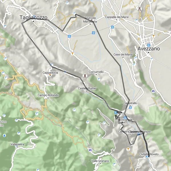 Miniatura della mappa di ispirazione al ciclismo "Giro in bicicletta da Civitella Roveto a Tagliacozzo" nella regione di Abruzzo, Italy. Generata da Tarmacs.app, pianificatore di rotte ciclistiche