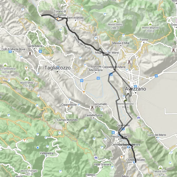 Miniatuurkaart van de fietsinspiratie "Capistrello en de Omliggende Bergen" in Abruzzo, Italy. Gemaakt door de Tarmacs.app fietsrouteplanner