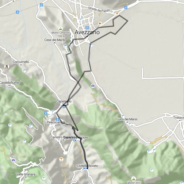 Map miniature of "Road to Capistrello" cycling inspiration in Abruzzo, Italy. Generated by Tarmacs.app cycling route planner