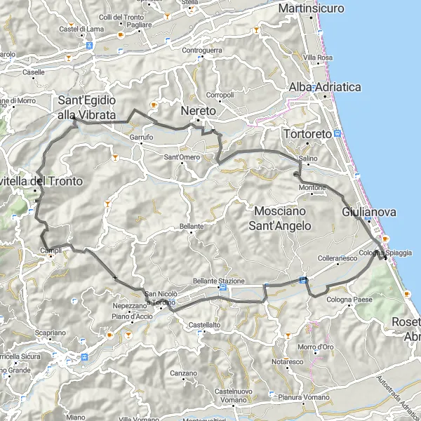Map miniature of "Exploring Historic Towns" cycling inspiration in Abruzzo, Italy. Generated by Tarmacs.app cycling route planner