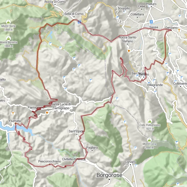 Miniatura della mappa di ispirazione al ciclismo "Tour in Gravel di 99 km da Coppito a Pescorocchiano e Monte Mandrini" nella regione di Abruzzo, Italy. Generata da Tarmacs.app, pianificatore di rotte ciclistiche