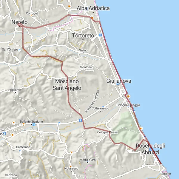 Map miniature of "Gravel Adventure to the Coastal Towns" cycling inspiration in Abruzzo, Italy. Generated by Tarmacs.app cycling route planner