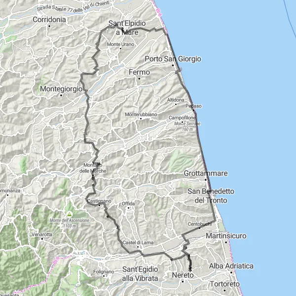 Miniatura della mappa di ispirazione al ciclismo "Giro tra Le Colline Angevine" nella regione di Abruzzo, Italy. Generata da Tarmacs.app, pianificatore di rotte ciclistiche