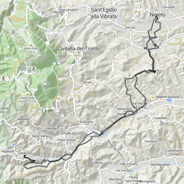 Miniatura della mappa di ispirazione al ciclismo "Avventura in bicicletta da Nereto a Teramo" nella regione di Abruzzo, Italy. Generata da Tarmacs.app, pianificatore di rotte ciclistiche