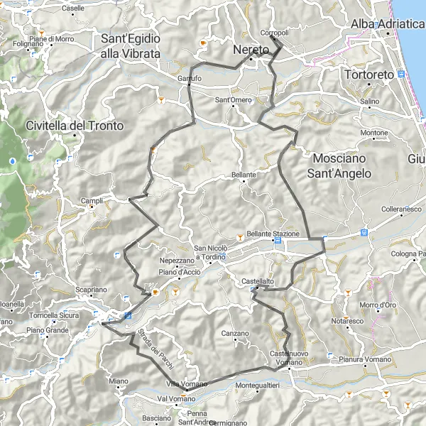 Miniatura della mappa di ispirazione al ciclismo "Escursione tra Colline e Borgate" nella regione di Abruzzo, Italy. Generata da Tarmacs.app, pianificatore di rotte ciclistiche