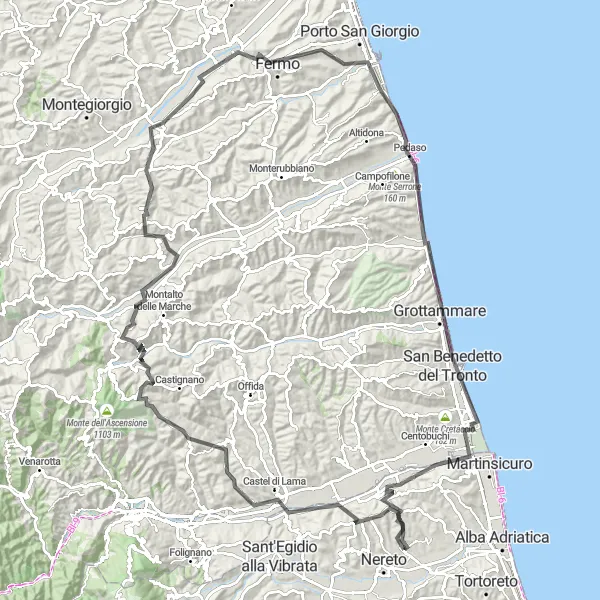 Miniatura della mappa di ispirazione al ciclismo "Tour tra Cupra Marittima e Fermo" nella regione di Abruzzo, Italy. Generata da Tarmacs.app, pianificatore di rotte ciclistiche