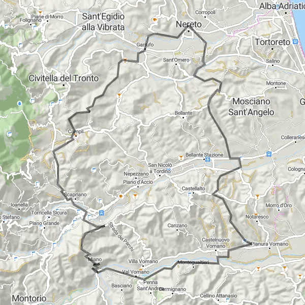 Miniatura della mappa di ispirazione al ciclismo "Nereto and Teramo Cycling Tour" nella regione di Abruzzo, Italy. Generata da Tarmacs.app, pianificatore di rotte ciclistiche