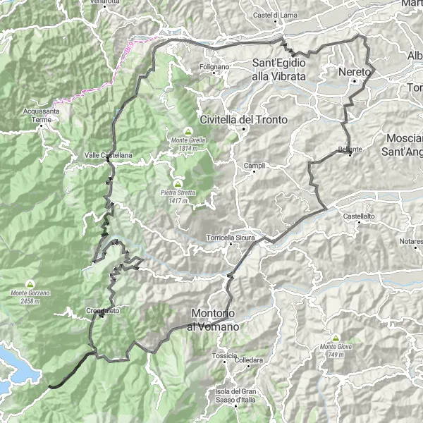 Miniature de la carte de l'inspiration cycliste "Tour de la Vallée du Vomano" dans la Abruzzo, Italy. Générée par le planificateur d'itinéraire cycliste Tarmacs.app