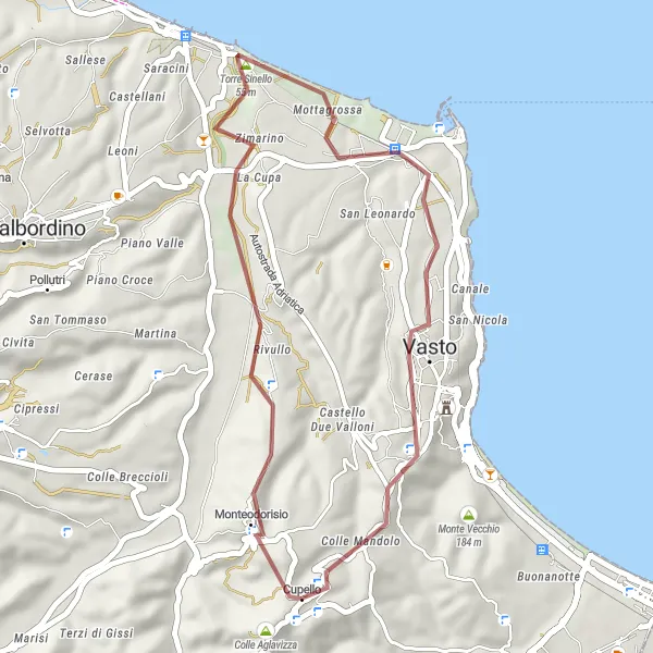 Miniature de la carte de l'inspiration cycliste "Itinéraire de randonnée gravel près de Cupello" dans la Abruzzo, Italy. Générée par le planificateur d'itinéraire cycliste Tarmacs.app