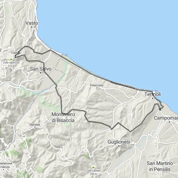 Miniatura della mappa di ispirazione al ciclismo "Giro in bici da Cupello a Termoli" nella regione di Abruzzo, Italy. Generata da Tarmacs.app, pianificatore di rotte ciclistiche