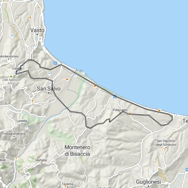 Miniature de la carte de l'inspiration cycliste "Parcours rustique entre Cupello et San Salvo" dans la Abruzzo, Italy. Générée par le planificateur d'itinéraire cycliste Tarmacs.app