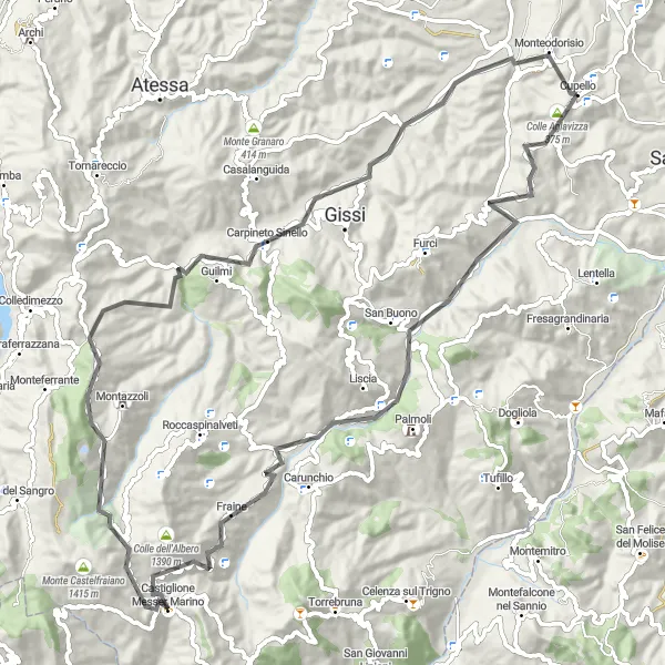 Map miniature of "Challenging Mountain Loop: Cupello to Castiglione Messer Marino" cycling inspiration in Abruzzo, Italy. Generated by Tarmacs.app cycling route planner