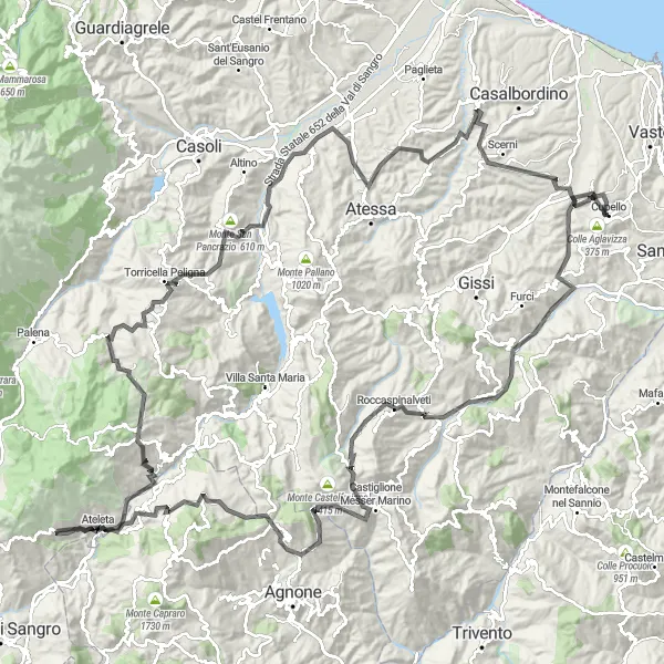 Map miniature of "The Ultimate Abruzzo Adventure: Cupello to Pescopennataro" cycling inspiration in Abruzzo, Italy. Generated by Tarmacs.app cycling route planner