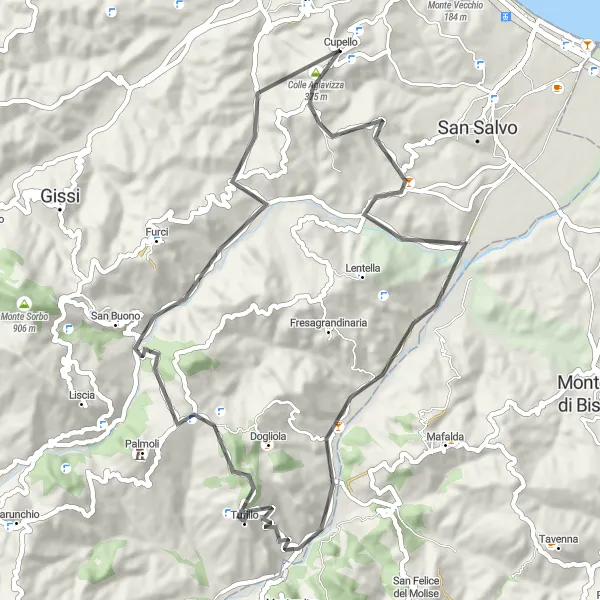 Miniatura della mappa di ispirazione al ciclismo "Giro in bicicletta da Cupello" nella regione di Abruzzo, Italy. Generata da Tarmacs.app, pianificatore di rotte ciclistiche