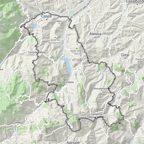 Map miniature of "Road Cycling Adventure around Fara San Martino" cycling inspiration in Abruzzo, Italy. Generated by Tarmacs.app cycling route planner