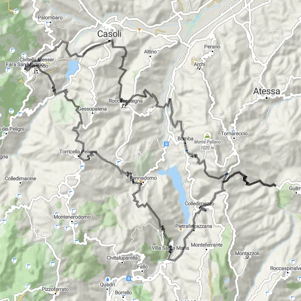 Miniatura della mappa di ispirazione al ciclismo "Tour in bicicletta da Casoli a Civitella Messer Raimondo" nella regione di Abruzzo, Italy. Generata da Tarmacs.app, pianificatore di rotte ciclistiche