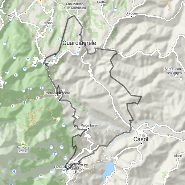 Map miniature of "Exploring the Abruzzo Countryside: Road Cycling Adventure from Fara San Martino" cycling inspiration in Abruzzo, Italy. Generated by Tarmacs.app cycling route planner