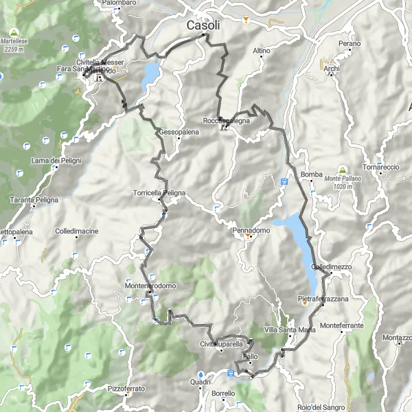 Miniatura della mappa di ispirazione al ciclismo "Giro ad Anello da Fara San Martino" nella regione di Abruzzo, Italy. Generata da Tarmacs.app, pianificatore di rotte ciclistiche