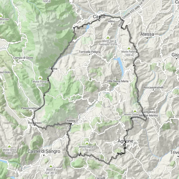 Map miniature of "Ascending Abruzzo: The Epic Road to Fara San Martino" cycling inspiration in Abruzzo, Italy. Generated by Tarmacs.app cycling route planner