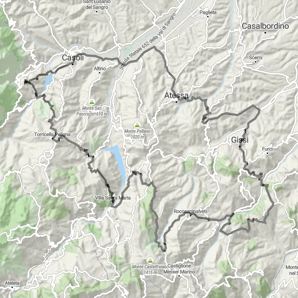 Map miniature of "Challenging Road Tour in Abruzzo" cycling inspiration in Abruzzo, Italy. Generated by Tarmacs.app cycling route planner