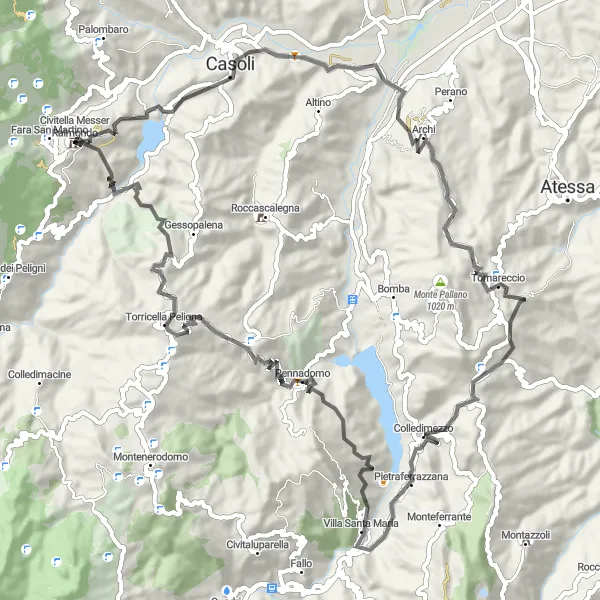 Miniature de la carte de l'inspiration cycliste "Le Sentier des Oliviers Tour" dans la Abruzzo, Italy. Générée par le planificateur d'itinéraire cycliste Tarmacs.app