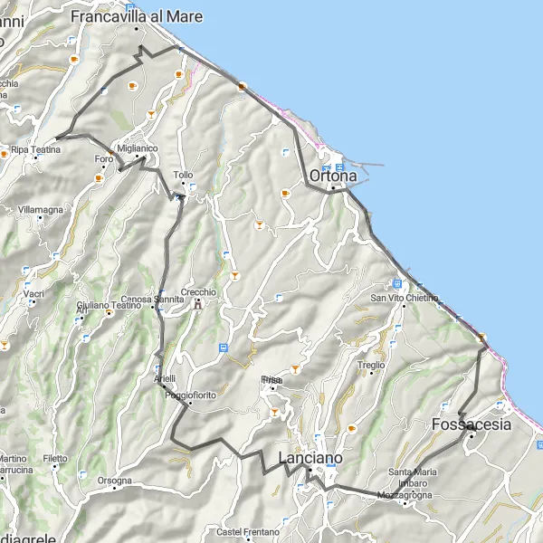 Map miniature of "The Majestic Coastal Ride" cycling inspiration in Abruzzo, Italy. Generated by Tarmacs.app cycling route planner