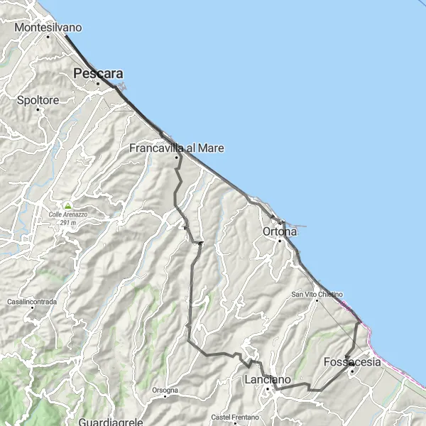 Miniatura della mappa di ispirazione al ciclismo "Giro in bicicletta da Fossacesia attraverso Lanciano e Pescara" nella regione di Abruzzo, Italy. Generata da Tarmacs.app, pianificatore di rotte ciclistiche