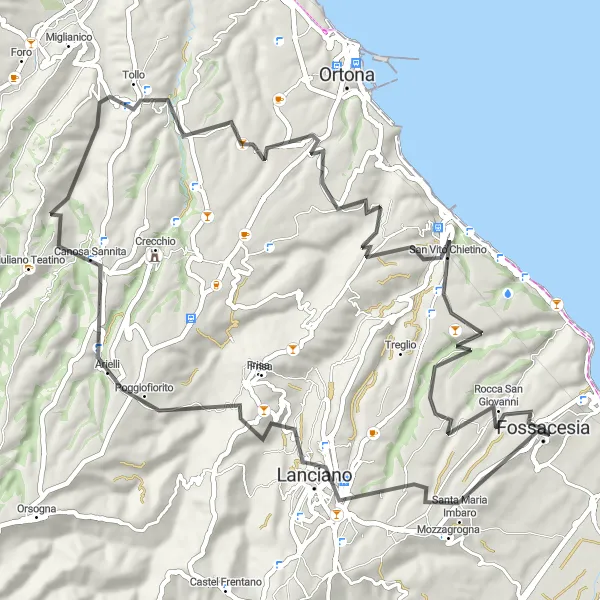 Miniature de la carte de l'inspiration cycliste "Route pittoresque de Santa Maria Imbaro à Rocca San Giovanni" dans la Abruzzo, Italy. Générée par le planificateur d'itinéraire cycliste Tarmacs.app