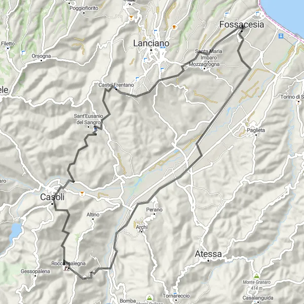 Miniatura della mappa di ispirazione al ciclismo "Escursione in bicicletta da Fossacesia a Roccascalegna e Sant'Eusanio del Sangro" nella regione di Abruzzo, Italy. Generata da Tarmacs.app, pianificatore di rotte ciclistiche