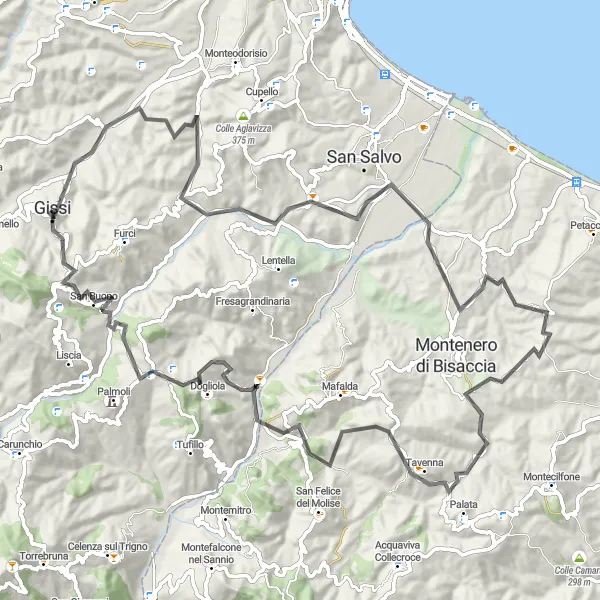 Karten-Miniaturansicht der Radinspiration "Panoramische Tour auf der Straße um Gissi" in Abruzzo, Italy. Erstellt vom Tarmacs.app-Routenplaner für Radtouren