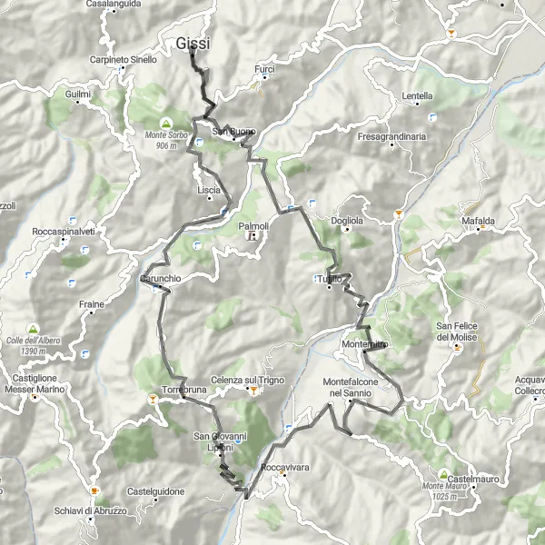 Karten-Miniaturansicht der Radinspiration "Herausfordernde Bergstrecke von Gissi" in Abruzzo, Italy. Erstellt vom Tarmacs.app-Routenplaner für Radtouren