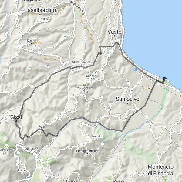 Miniature de la carte de l'inspiration cycliste "Route du Monteodorisio" dans la Abruzzo, Italy. Générée par le planificateur d'itinéraire cycliste Tarmacs.app