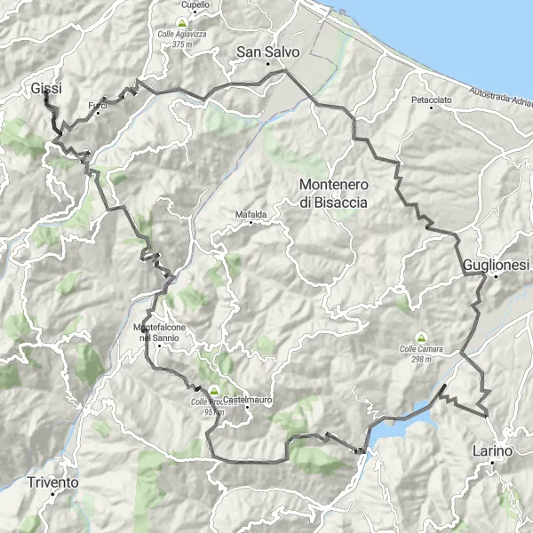 Miniatura della mappa di ispirazione al ciclismo "Salite e colline intorno a Gissi" nella regione di Abruzzo, Italy. Generata da Tarmacs.app, pianificatore di rotte ciclistiche