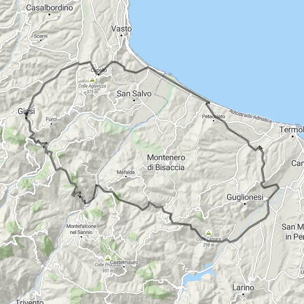 Map miniature of "Gissi and Coastal Towns" cycling inspiration in Abruzzo, Italy. Generated by Tarmacs.app cycling route planner