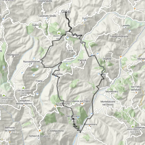 Map miniature of "Gissi Loop" cycling inspiration in Abruzzo, Italy. Generated by Tarmacs.app cycling route planner