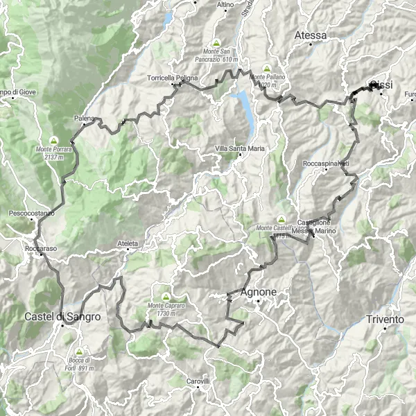 Map miniature of "From Mountains to Valleys" cycling inspiration in Abruzzo, Italy. Generated by Tarmacs.app cycling route planner