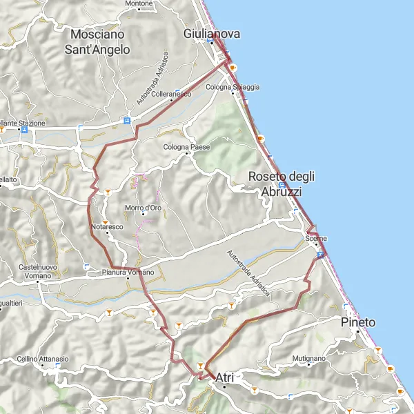 Miniature de la carte de l'inspiration cycliste "Découverte des Vallées de l'Atri en Gravel" dans la Abruzzo, Italy. Générée par le planificateur d'itinéraire cycliste Tarmacs.app