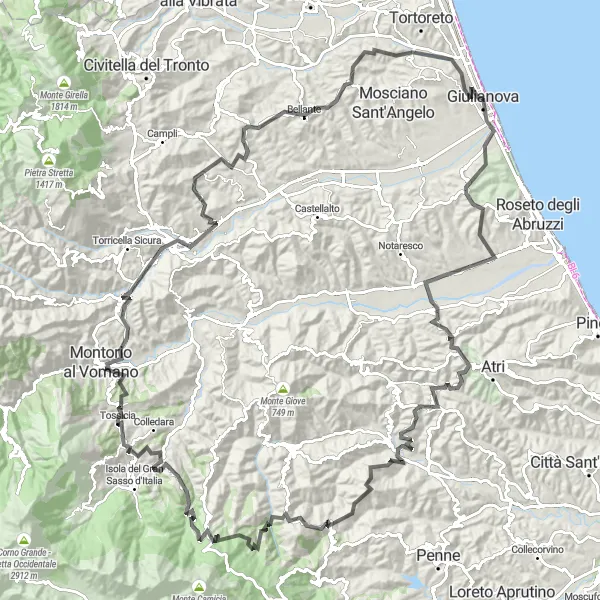 Miniatuurkaart van de fietsinspiratie "Abruzzo Gebergte en Dorpen Route" in Abruzzo, Italy. Gemaakt door de Tarmacs.app fietsrouteplanner