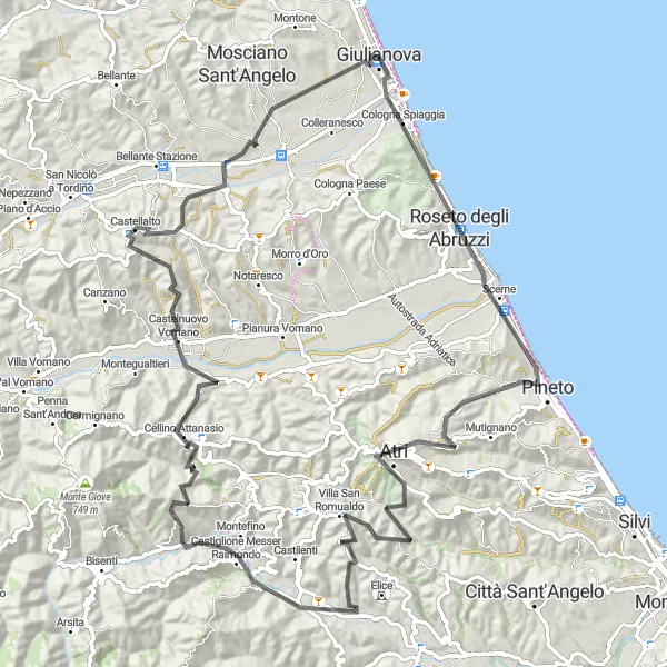 Karten-Miniaturansicht der Radinspiration "Rundtour von Giulianova nach Scerne über Atri und Cellino Attanasio" in Abruzzo, Italy. Erstellt vom Tarmacs.app-Routenplaner für Radtouren