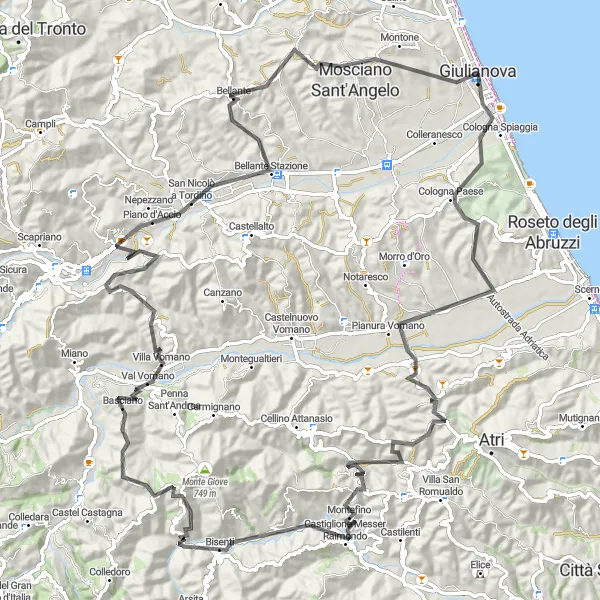 Miniatuurkaart van de fietsinspiratie "Giulianova - Casal Thaulero - Bisenti - Basciano - Mosciano Sant'Angelo - Giulianova" in Abruzzo, Italy. Gemaakt door de Tarmacs.app fietsrouteplanner