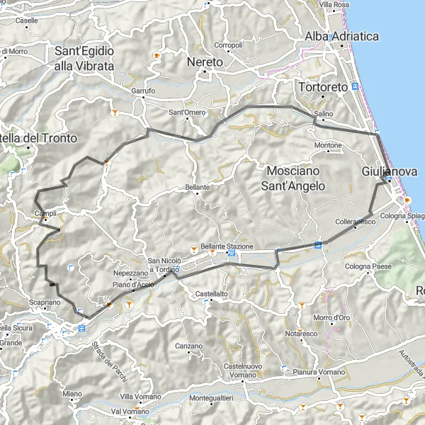 Map miniature of "Giulianova to Belvedere Loop" cycling inspiration in Abruzzo, Italy. Generated by Tarmacs.app cycling route planner