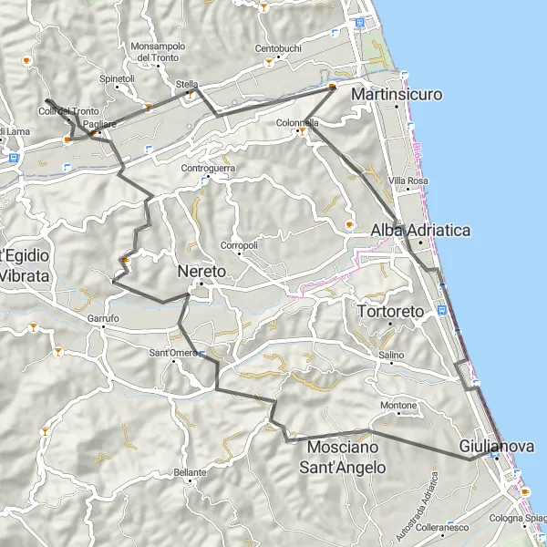Miniatura della mappa di ispirazione al ciclismo "Il tour delle località costiere" nella regione di Abruzzo, Italy. Generata da Tarmacs.app, pianificatore di rotte ciclistiche