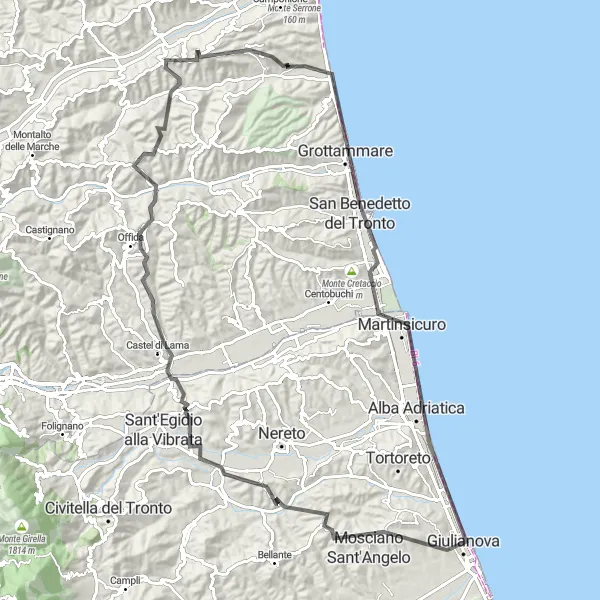 Karten-Miniaturansicht der Radinspiration "Radroute nach Mosciano Sant'Angelo über Ancarano und Montefiore dell'Aso" in Abruzzo, Italy. Erstellt vom Tarmacs.app-Routenplaner für Radtouren