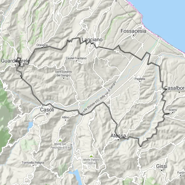 Miniature de la carte de l'inspiration cycliste "Aventure de 111 km à travers l'Abruzzo" dans la Abruzzo, Italy. Générée par le planificateur d'itinéraire cycliste Tarmacs.app