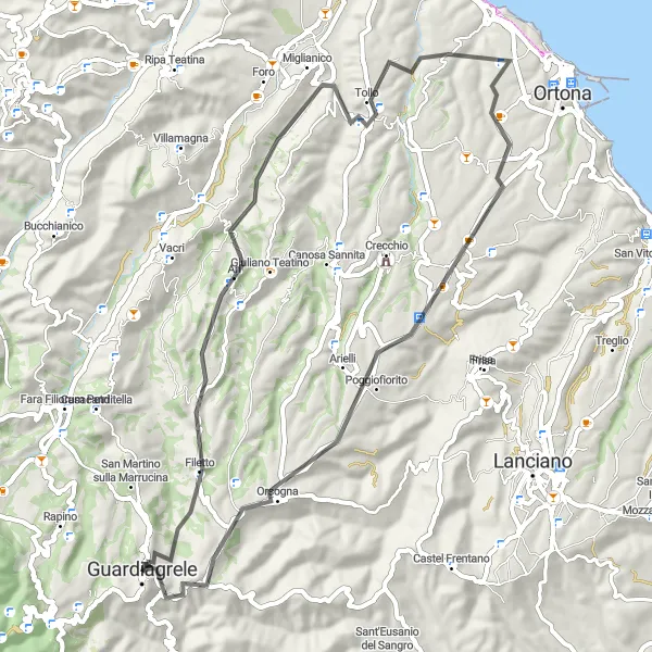 Map miniature of "Cycling Route through Ari and Villa Caldari" cycling inspiration in Abruzzo, Italy. Generated by Tarmacs.app cycling route planner