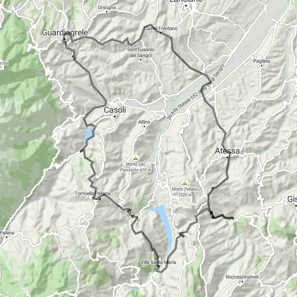 Miniature de la carte de l'inspiration cycliste "Le Grand Tour des Montagnes" dans la Abruzzo, Italy. Générée par le planificateur d'itinéraire cycliste Tarmacs.app