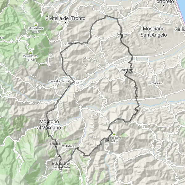 Miniatura della mappa di ispirazione al ciclismo "Giro in bici da Isola del Gran Sasso a Bellante" nella regione di Abruzzo, Italy. Generata da Tarmacs.app, pianificatore di rotte ciclistiche