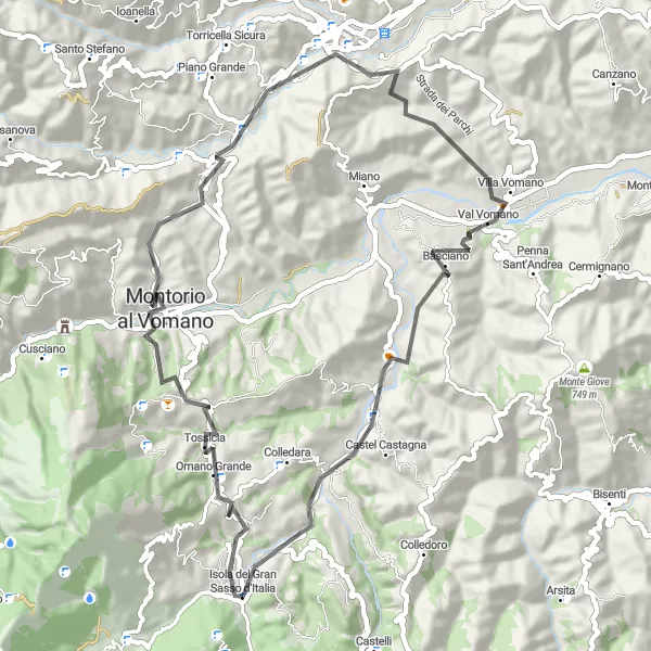 Miniature de la carte de l'inspiration cycliste "Les Charmes de la Vallée du Vomano" dans la Abruzzo, Italy. Générée par le planificateur d'itinéraire cycliste Tarmacs.app