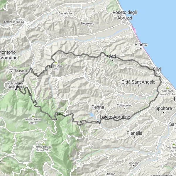 Map miniature of "The Majestic Mountains" cycling inspiration in Abruzzo, Italy. Generated by Tarmacs.app cycling route planner